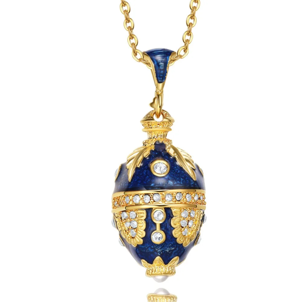 Luxury Enamel Crystal Egg Pendant Necklace - Handcrafted Gold-Tone Metal, Vintage Floral Design, Gift for Her1