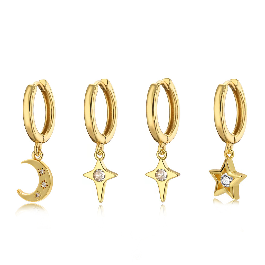 Exquisite Gold Star and Moon Earrings for Women, Set with Shiny Gemstones, Made of Stainless Steel, Suitable for Daily Wear