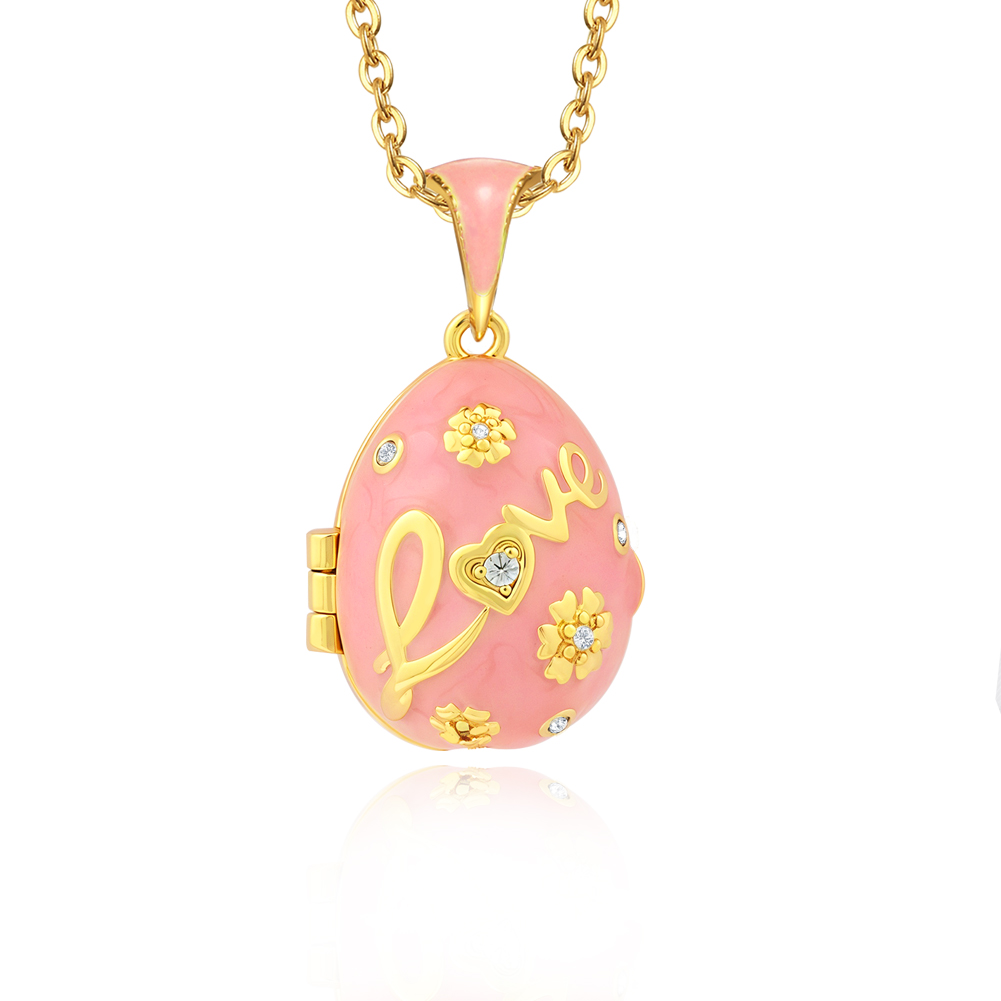 Fashionable Women's Egg Pendant Necklace - Pink Enamel with Gold Flower Pattern, Crystal-Embellished Love Heart, Daily Wear & Anniversary Gifts