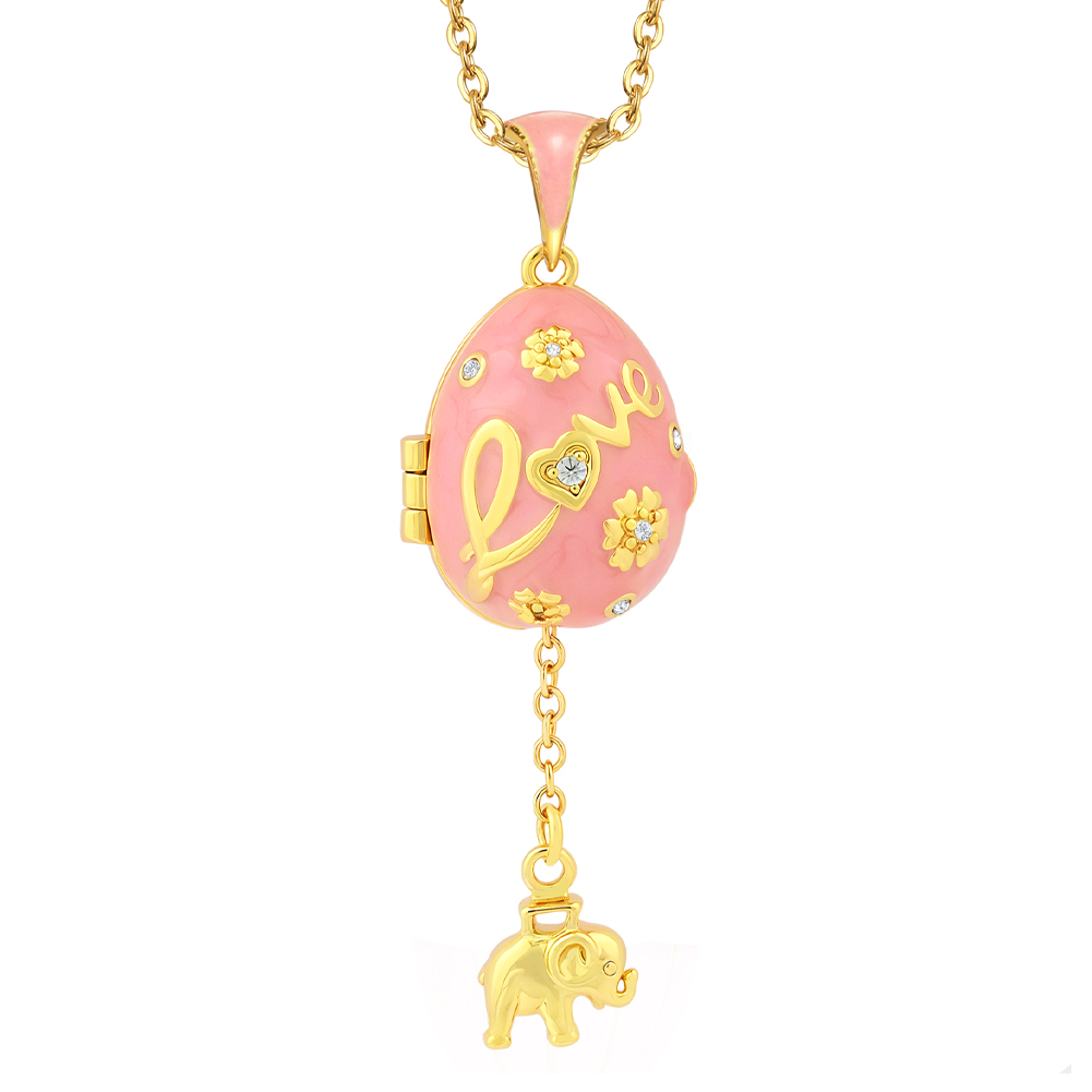 Fashionable Women's Egg Pendant Necklace - Pink Enamel with Gold Flower Pattern, Crystal-Embellished Love Heart, Daily Wear & Anniversary Gifts