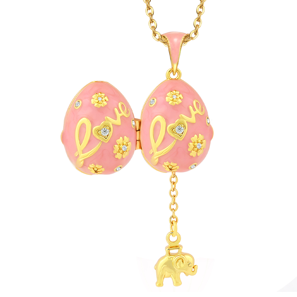 Fashionable Women's Egg Pendant Necklace - Pink Enamel with Gold Flower Pattern, Crystal-Embellished Love Heart, Daily Wear & Anniversary Gifts