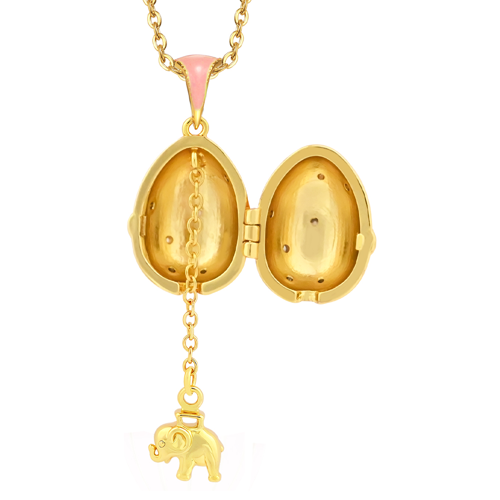 Fashionable Women's Egg Pendant Necklace - Pink Enamel with Gold Flower Pattern, Crystal-Embellished Love Heart, Daily Wear & Anniversary Gifts