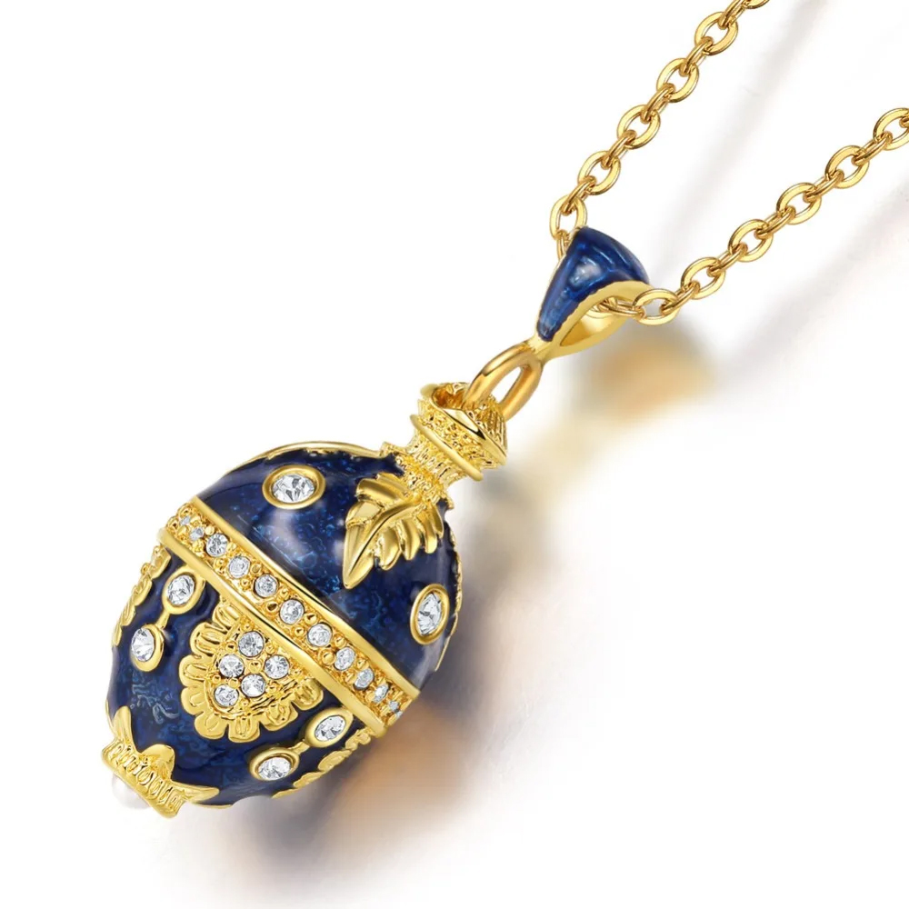 Luxury Enamel Crystal Egg Pendant Necklace - Handcrafted Gold-Tone Metal, Vintage Floral Design, Gift for Her2