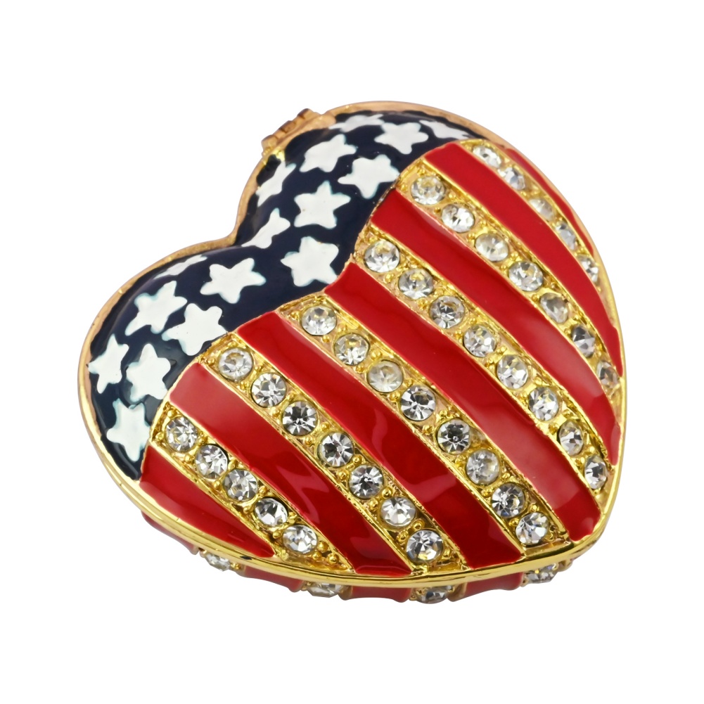 Patriotic Heart Jewelry Box with Shimmering Rhinestones | Red & Gold Stripe Detail | Perfect Anniversary
