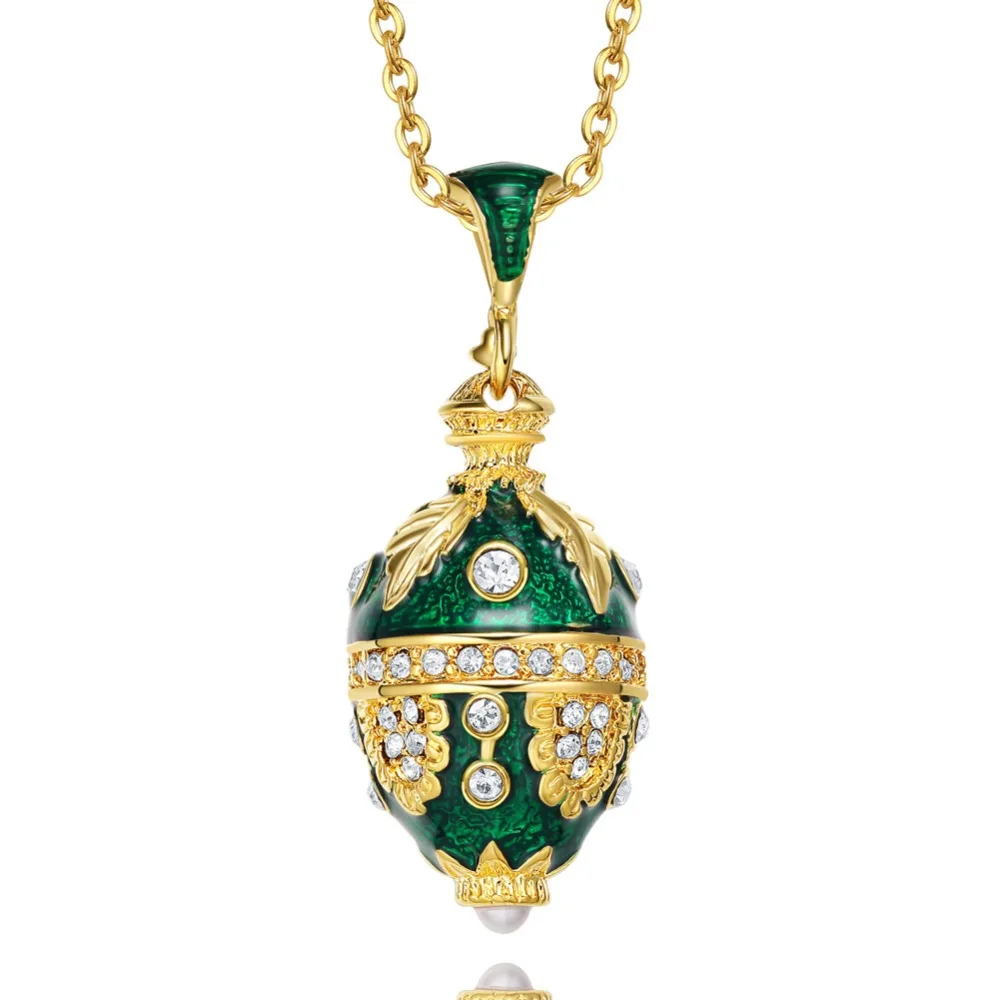 Luxury Enamel Crystal Egg Pendant Necklace - Handcrafted Gold-Tone Metal, Vintage Floral Design, Gift for Her3