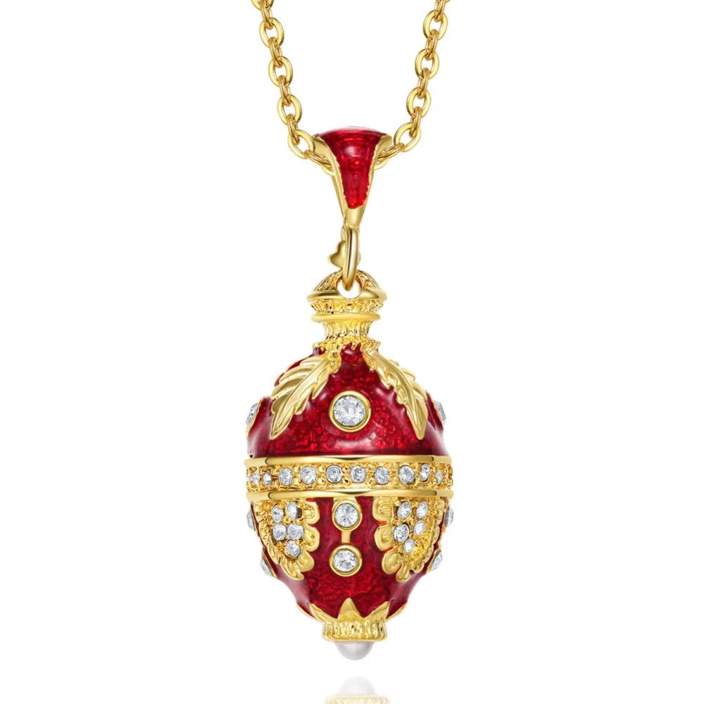 Luxury Enamel Crystal Egg Pendant Necklace - Handcrafted Gold-Tone Metal, Vintage Floral Design, Gift for Her5