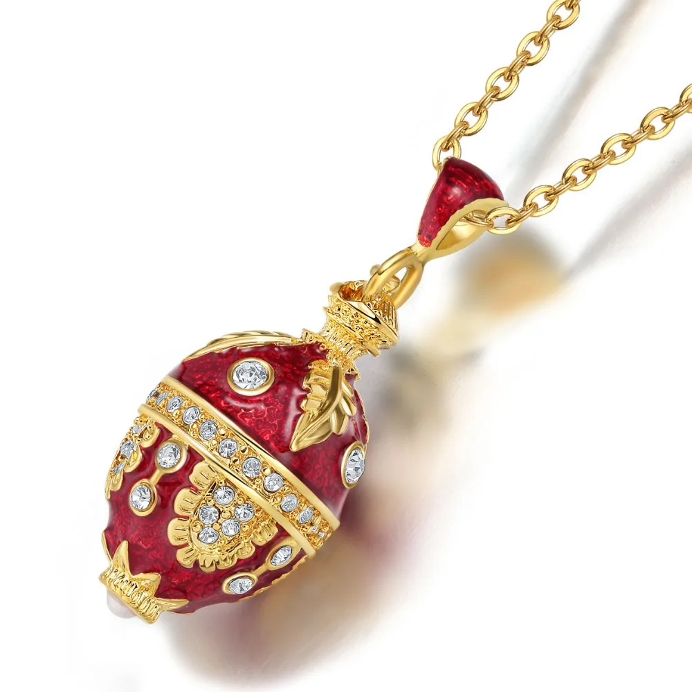 Luxury Enamel Crystal Egg Pendant Necklace - Handcrafted Gold-Tone Metal, Vintage Floral Design, Gift for Her6