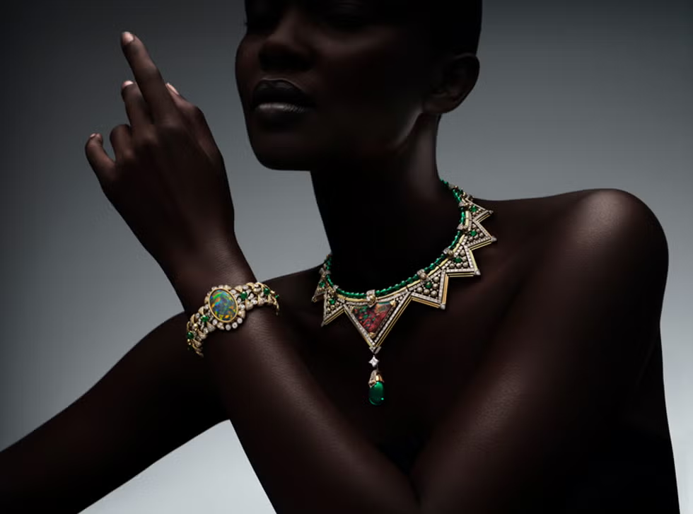 Louis Vuitton High Jewelry 2025, Craft Odyssey Collection, LV Artisanal Mastery, World of Craft Jewelry, Creative Universe LV, Shield Motif High Jewelry, Australian Black Opal Necklace, Triangle Cut Gemstones LV, Guardian Theme
