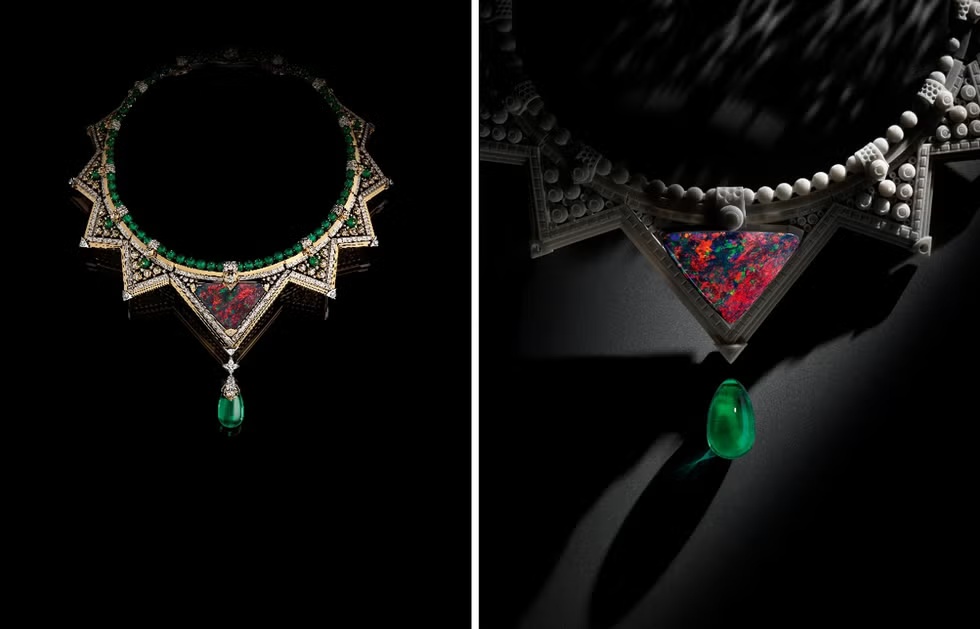 Louis Vuitton High Jewelry , Craft Odyssey Collection, LV Artisanal Mastery, World of Craft Jewelry, Creative Universe LV, Shield Motif High Jewelry, Australian Black Opal Necklace, Triangle Cut Gemstones LV, Guardian Theme