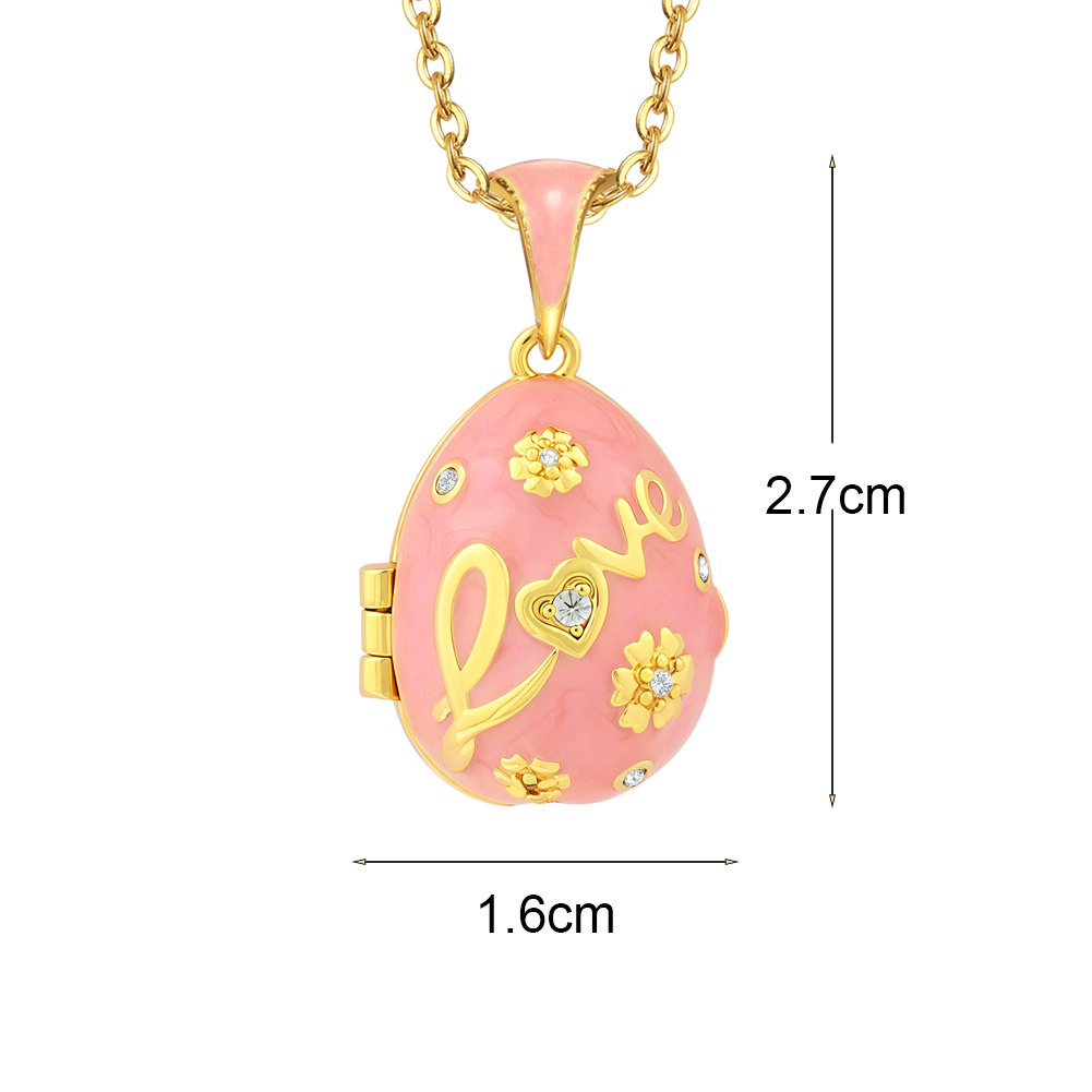 Fashionable Women's Egg Pendant Necklace - Pink Enamel with Gold Flower Pattern, Crystal-Embellished Love Heart, Daily Wear & Anniversary Gifts