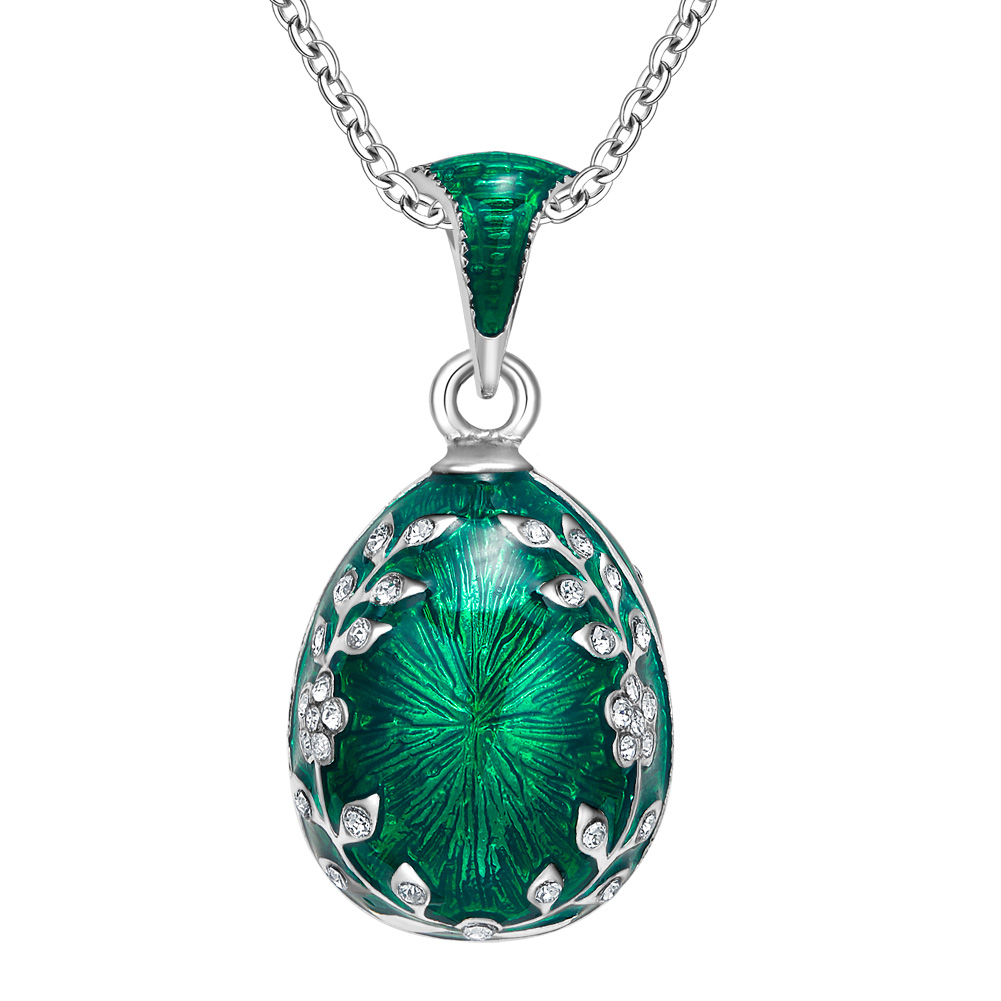 Handcrafted Enamel Maple Leaf Rhine Stone Egg Pendant Necklace for Ladies Jewelry Daily Wear绿