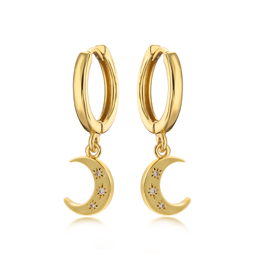 Exquisite Gold Star and Moon Earrings for Women, Set with Shiny Gemstones, Made of Stainless Steel, Suitable for Daily Wear