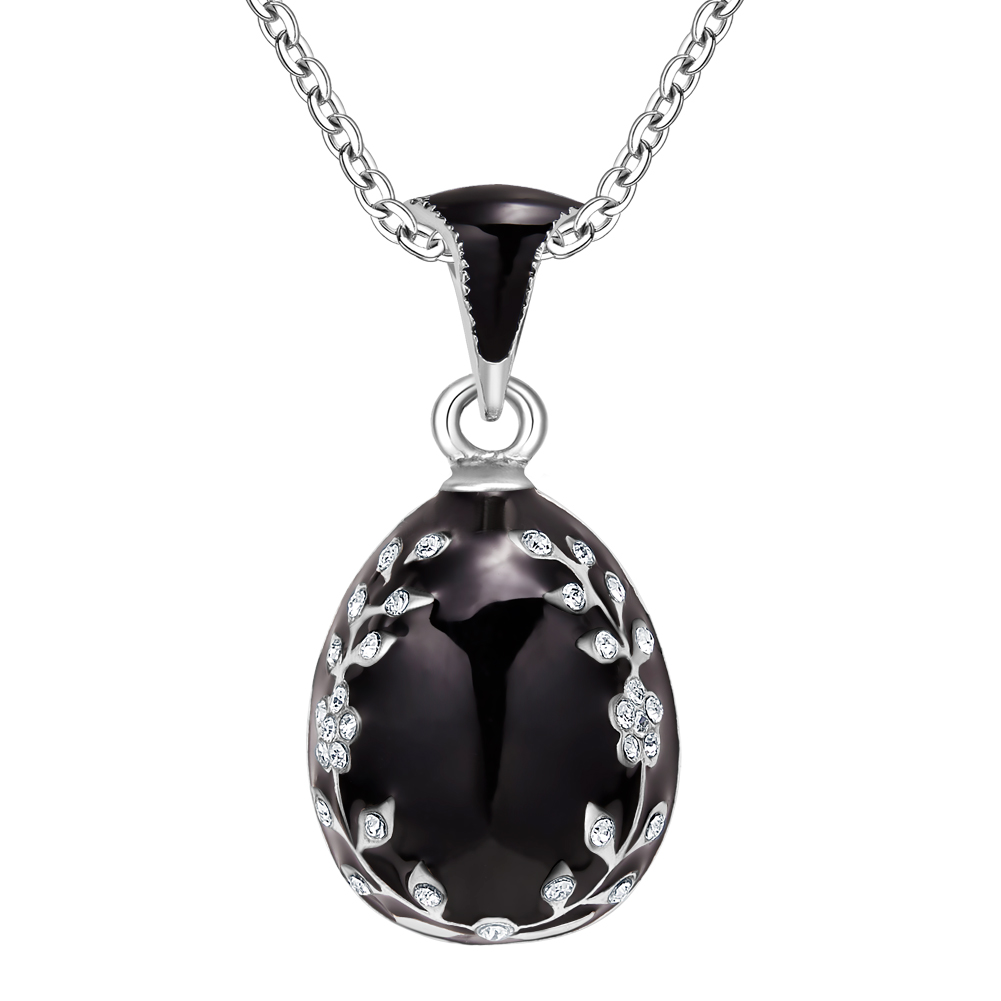 Handcrafted Enamel Maple Leaf Rhine Stone Egg Pendant Necklace for Ladies Jewelry Daily Wear黑
