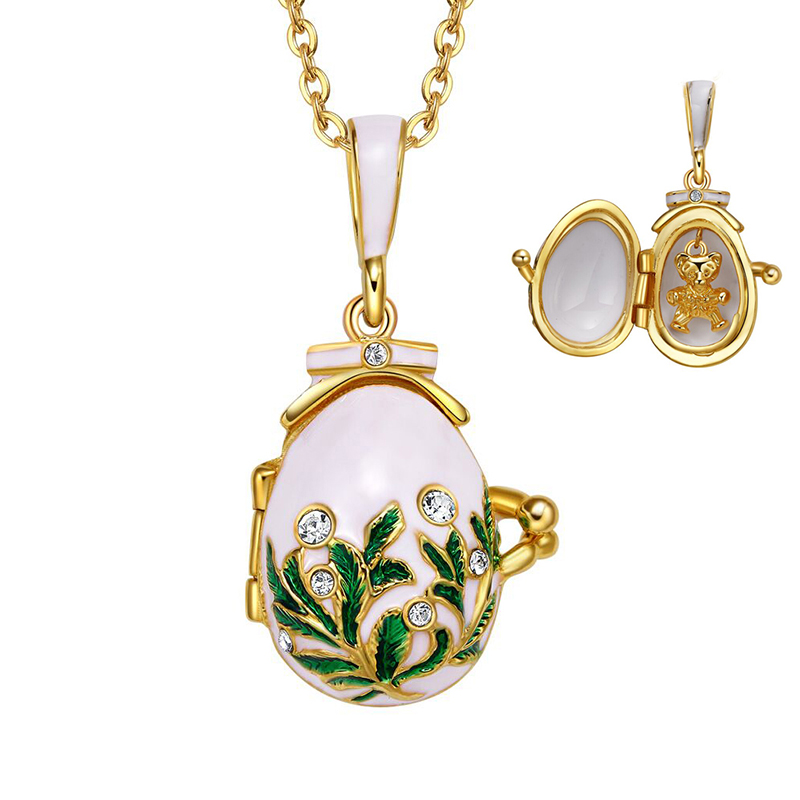 China Rhinestone Enamel faberge egg pendant necklace charms with bear toy inside factory and suppliers Yaffil