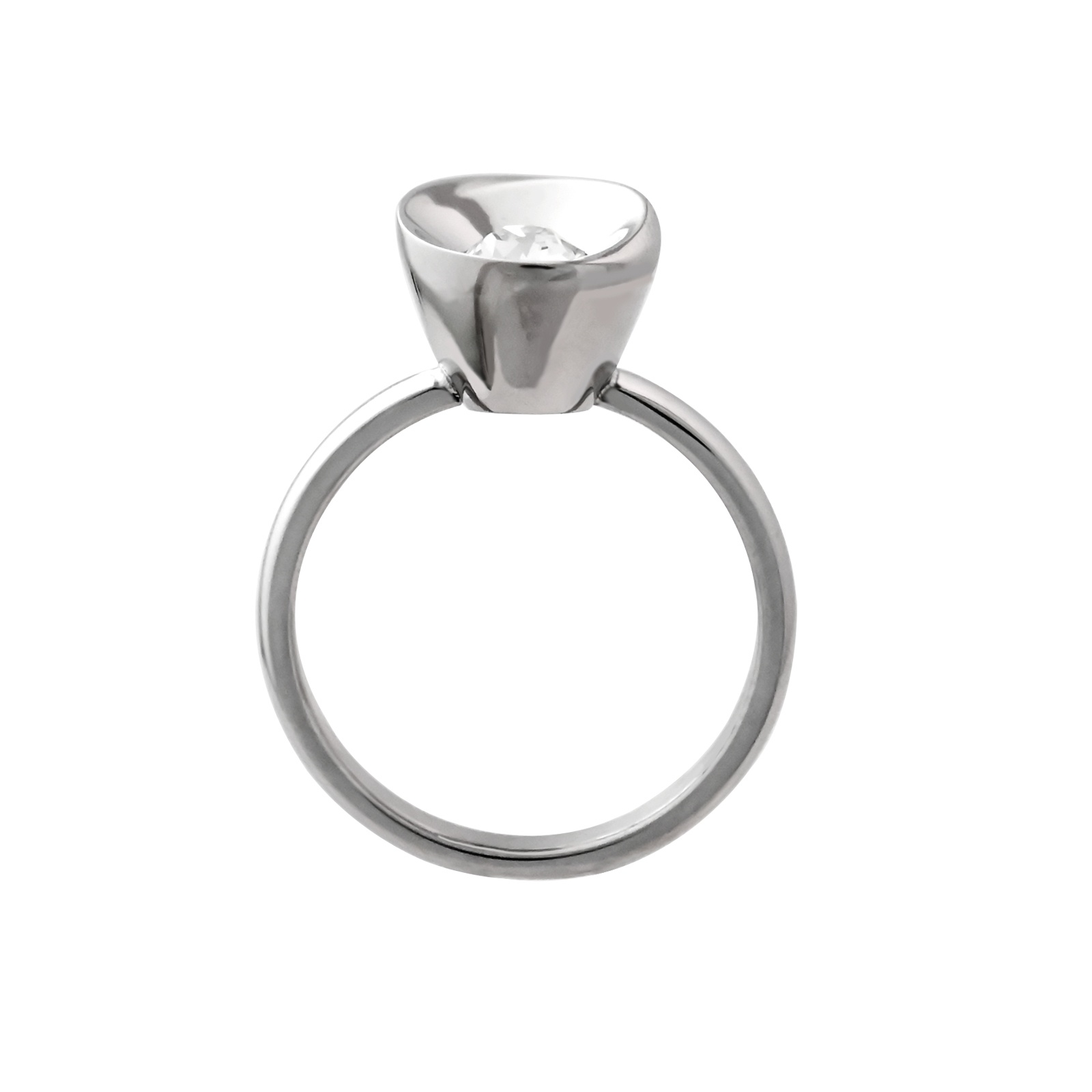 Durable Large Round Silver Rhinestone Stainless Steel Ring For Women's Daily Wear