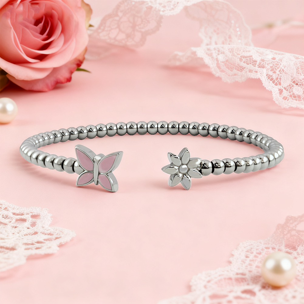 Adjustable Silver Bead Elegant Bracelet with Floral Butterfly Accents