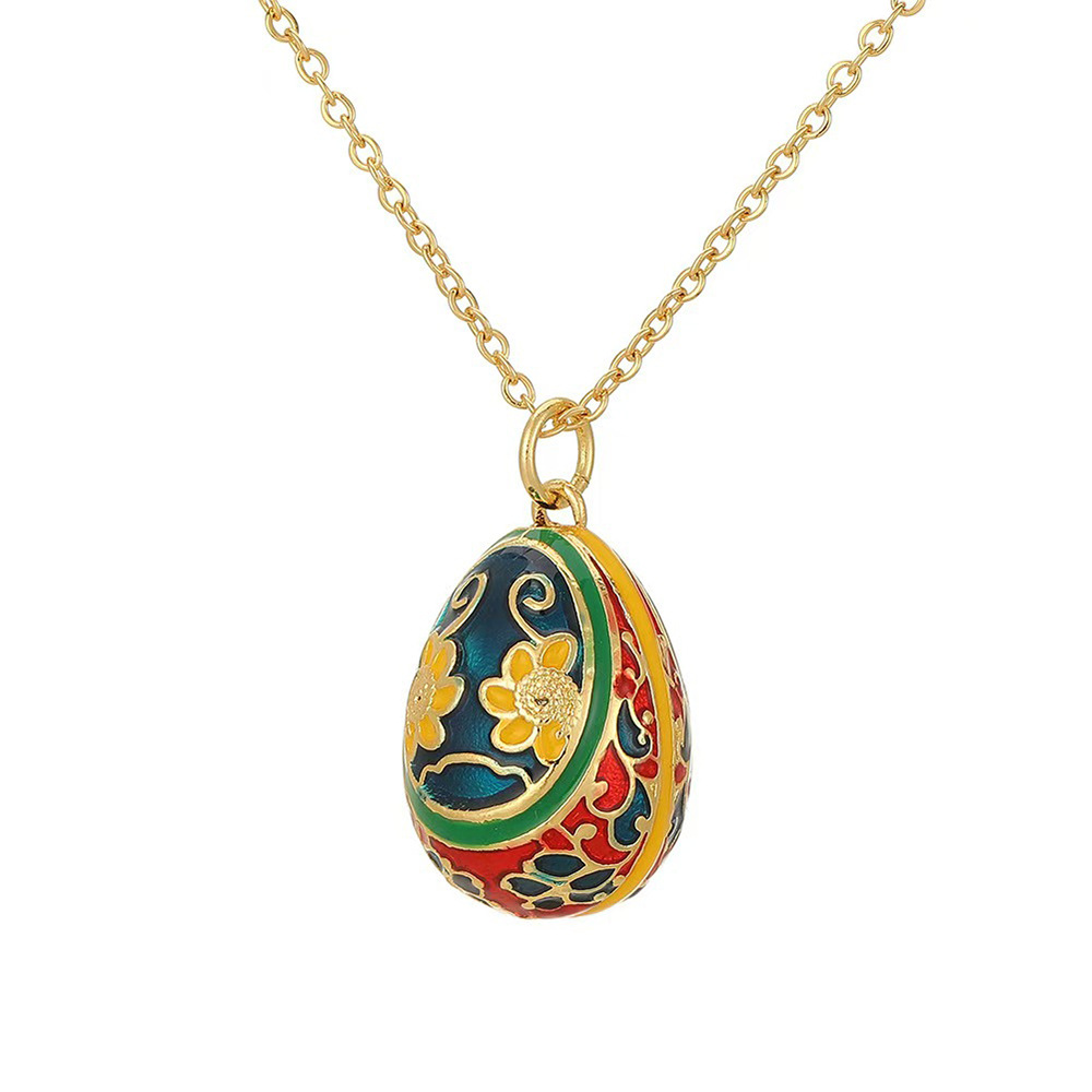 Colorful Hand-Painted Enamel Egg Pendant Necklace with Floral Patterns - Adjustable Chain Jewelry Gift for Women