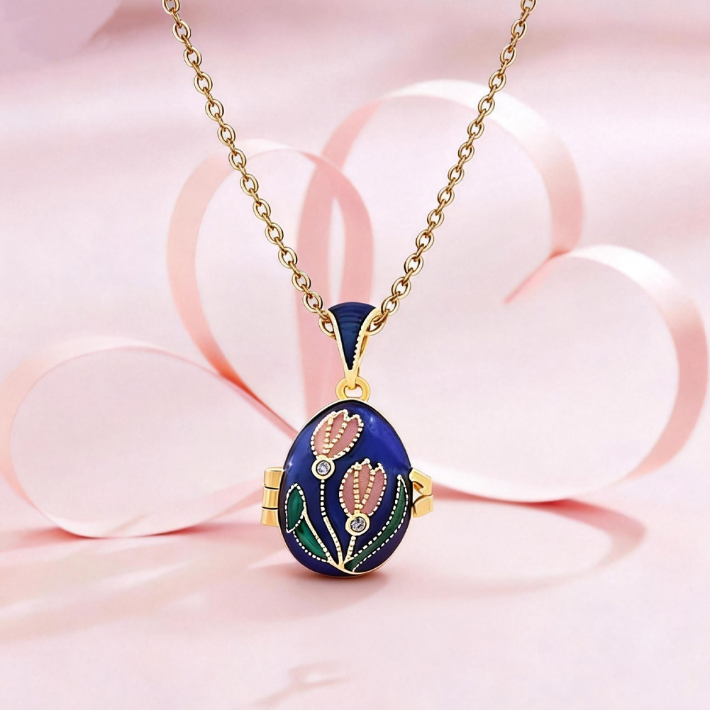 Blue Enamel Flower Shaped Egg Pendant