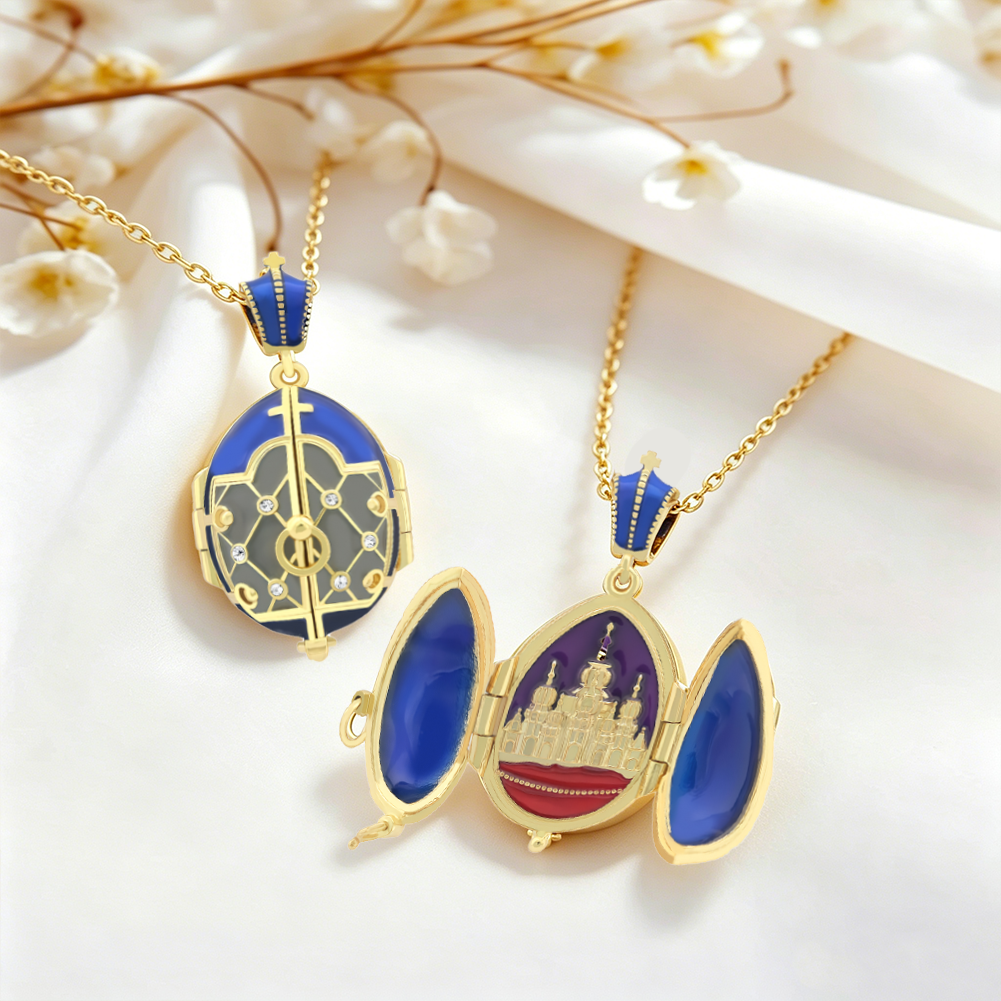 Blue Enamel Openable Cathedral Egg Pendant Necklace