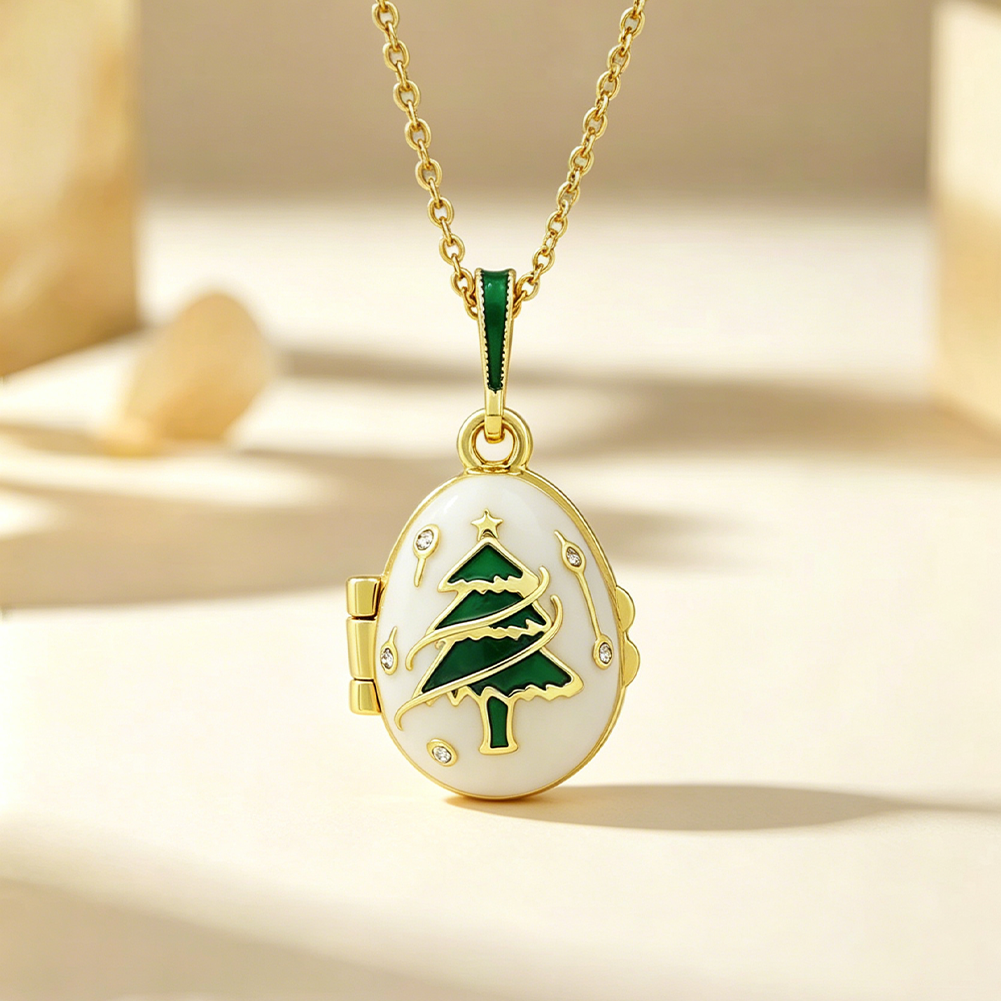 Christmas Tree Enamel Egg Pendant Necklace