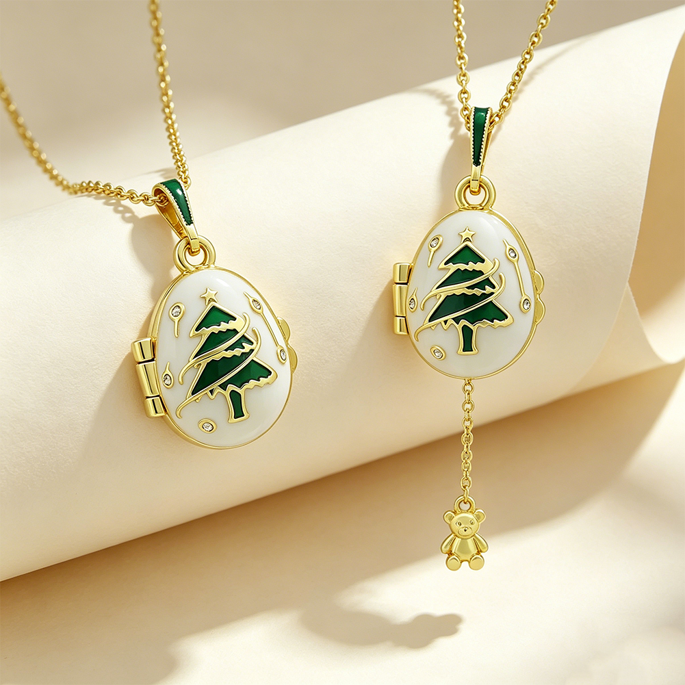 Christmas Tree Enamel Egg Pendant Necklace