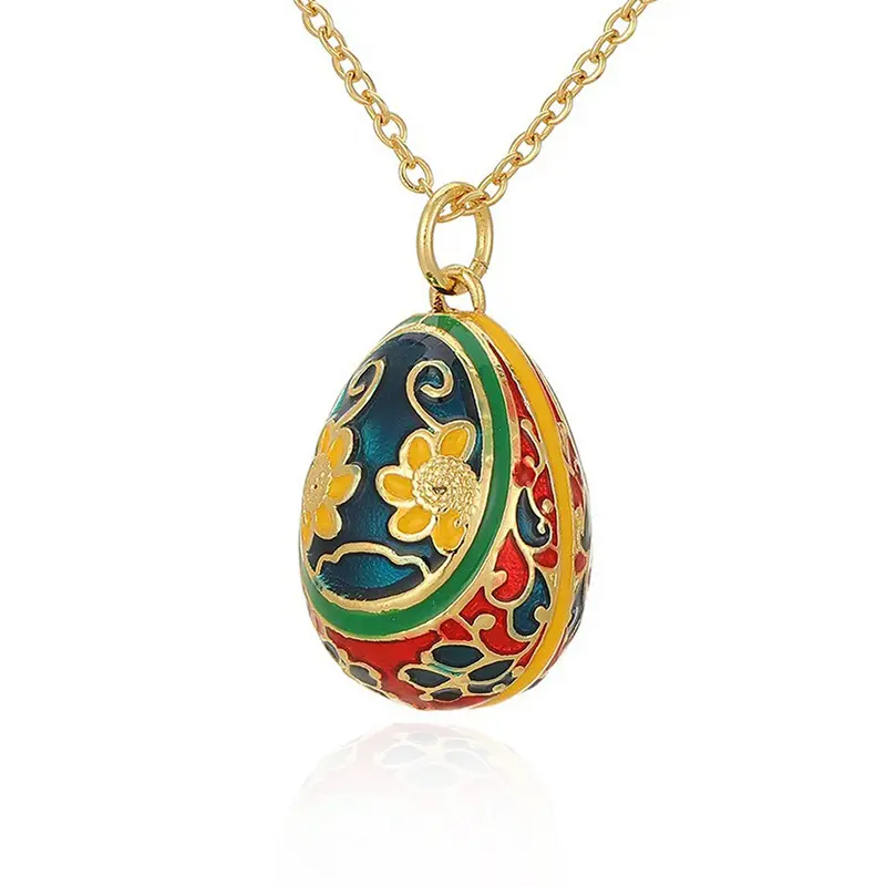 Colorful Hand-Painted Enamel Egg Pendant Necklace with Floral Patterns – Jewelry Gift for Women