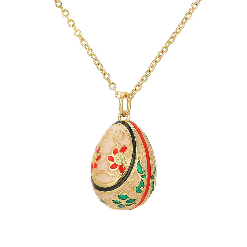 Colorful Hand-Painted Enamel Egg Pendant Necklace with Floral Patterns - Adjustable Chain Jewelry Gift for Women