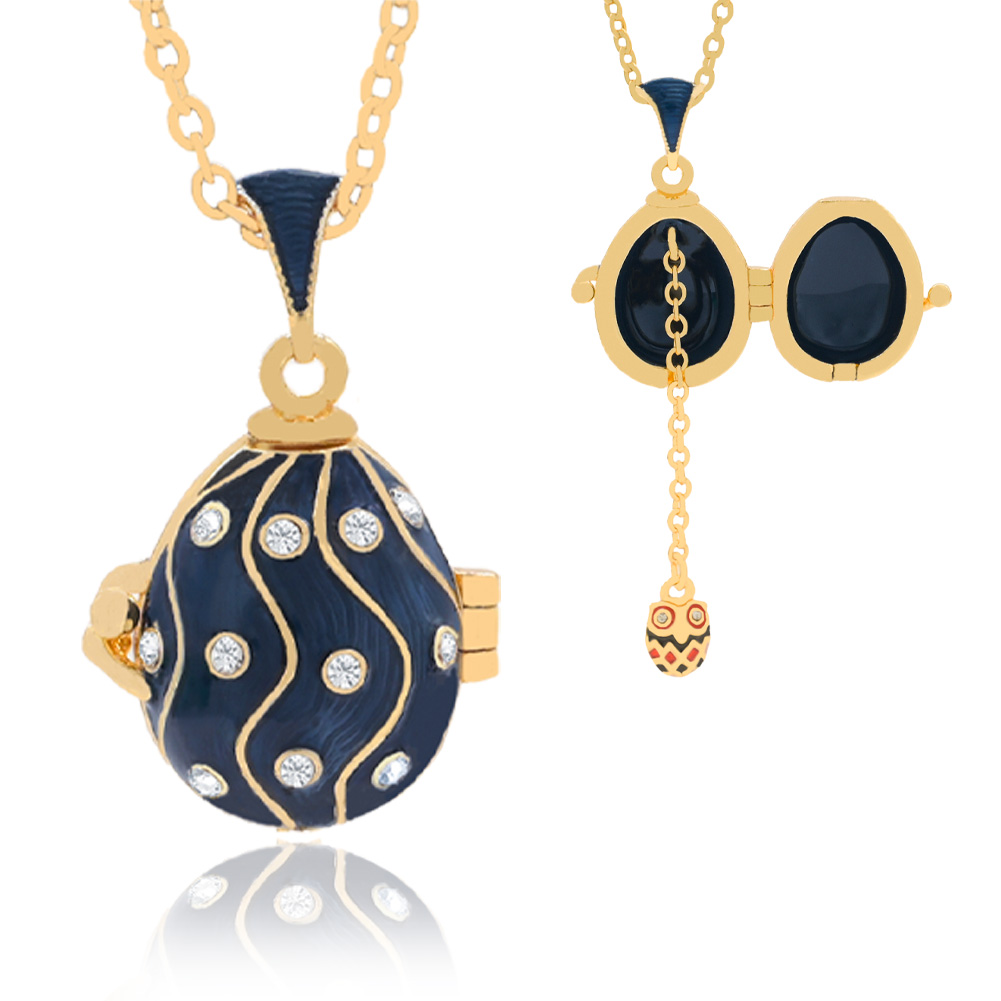 Dark Blue Enamel Wave Patterned Diamond Studded Open Close Necklace