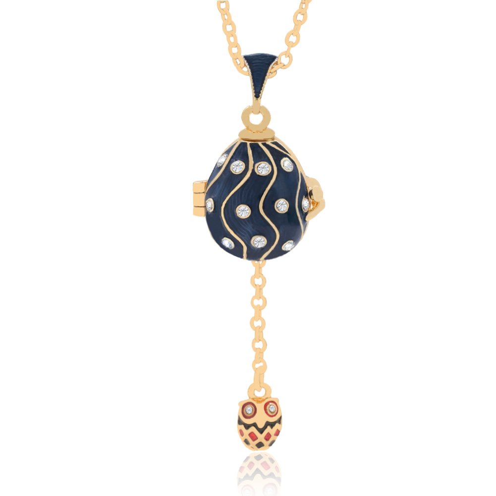 Dark Blue Enamel Wave Patterned Egg Necklace