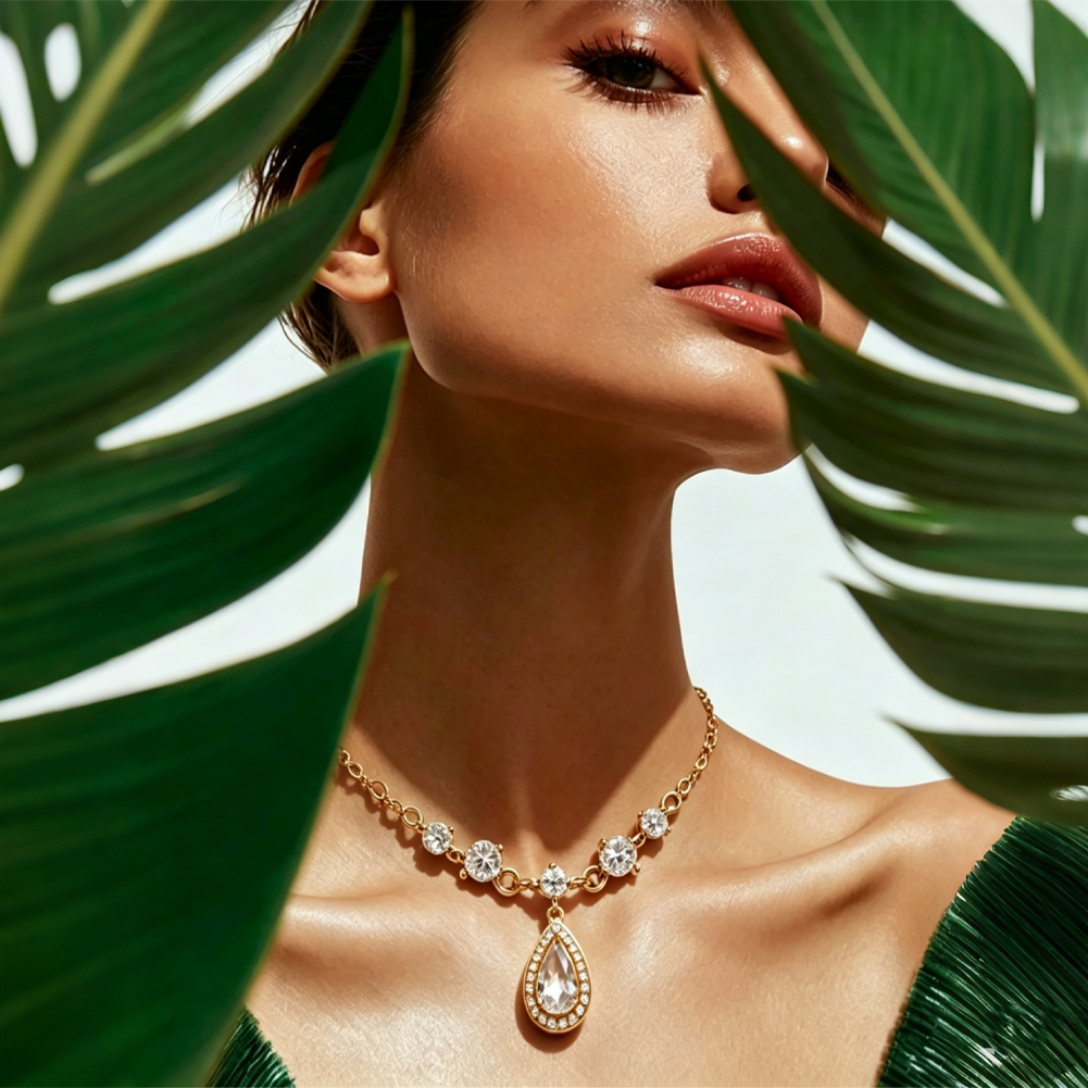 Diamond-studded drop-shaped pendant necklace