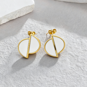 Elegant Gold-Tone Half-Circle White Inlay Stud Earrings for Women