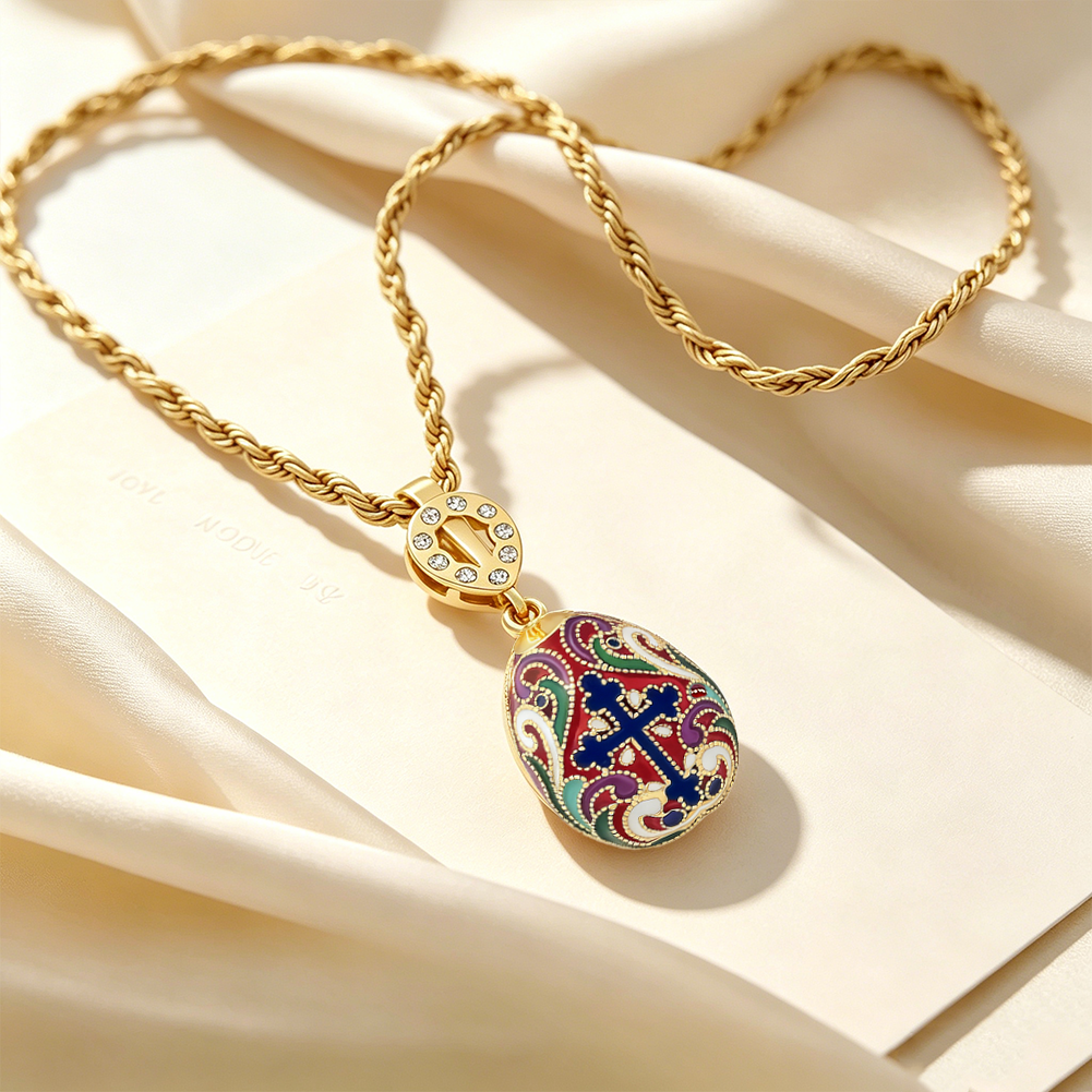 Enamel Cross Vine Pattern Egg Pendant