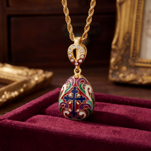 Enamel Cross Vine Pattern Egg Pendant