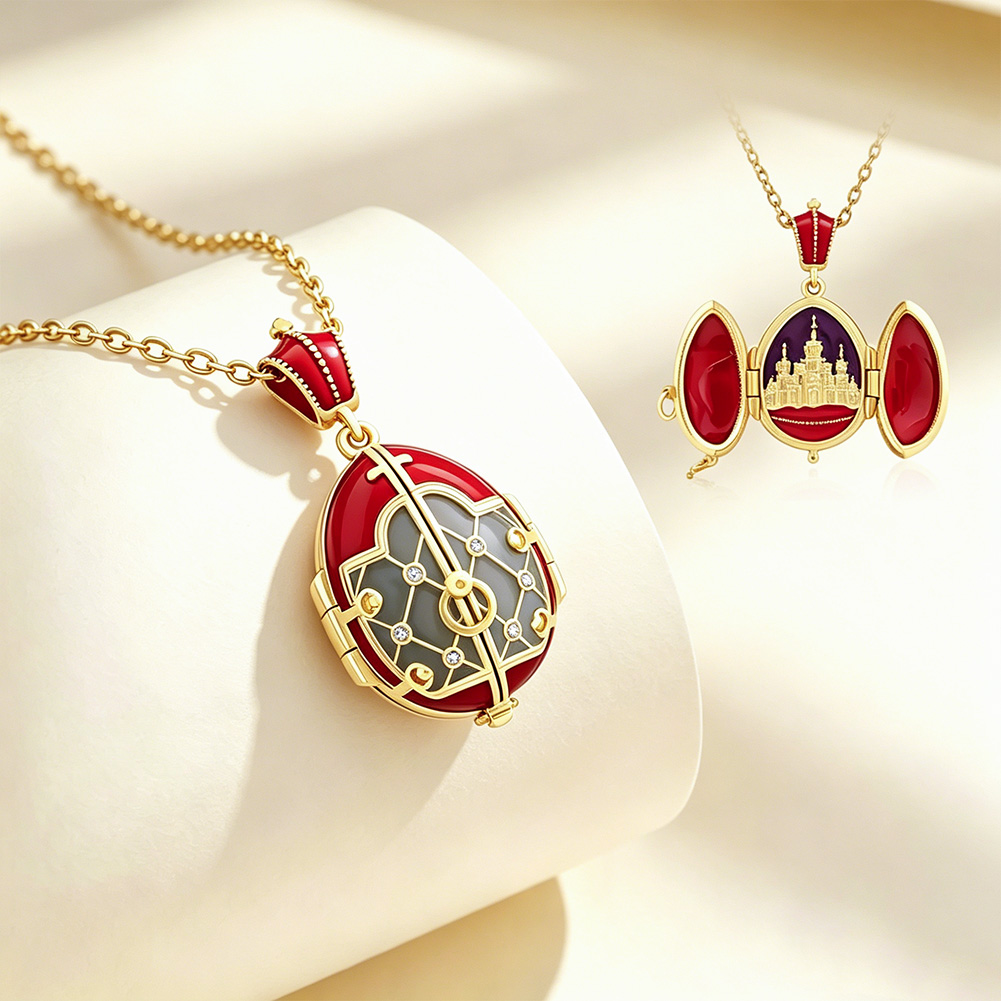 Enamel Openable Cathedral Egg Pendant Necklace