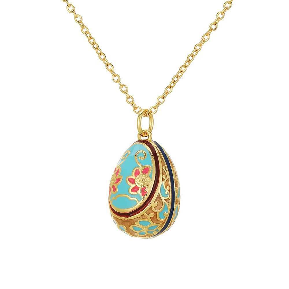 Colorful Hand-Painted Enamel Egg Pendant Necklace with Floral Patterns - Adjustable Chain Jewelry Gift for Women