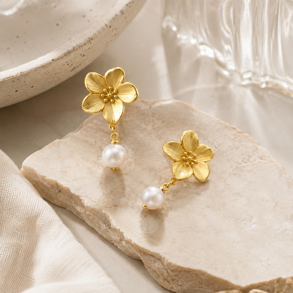 Flower pearl pendant stud earrings