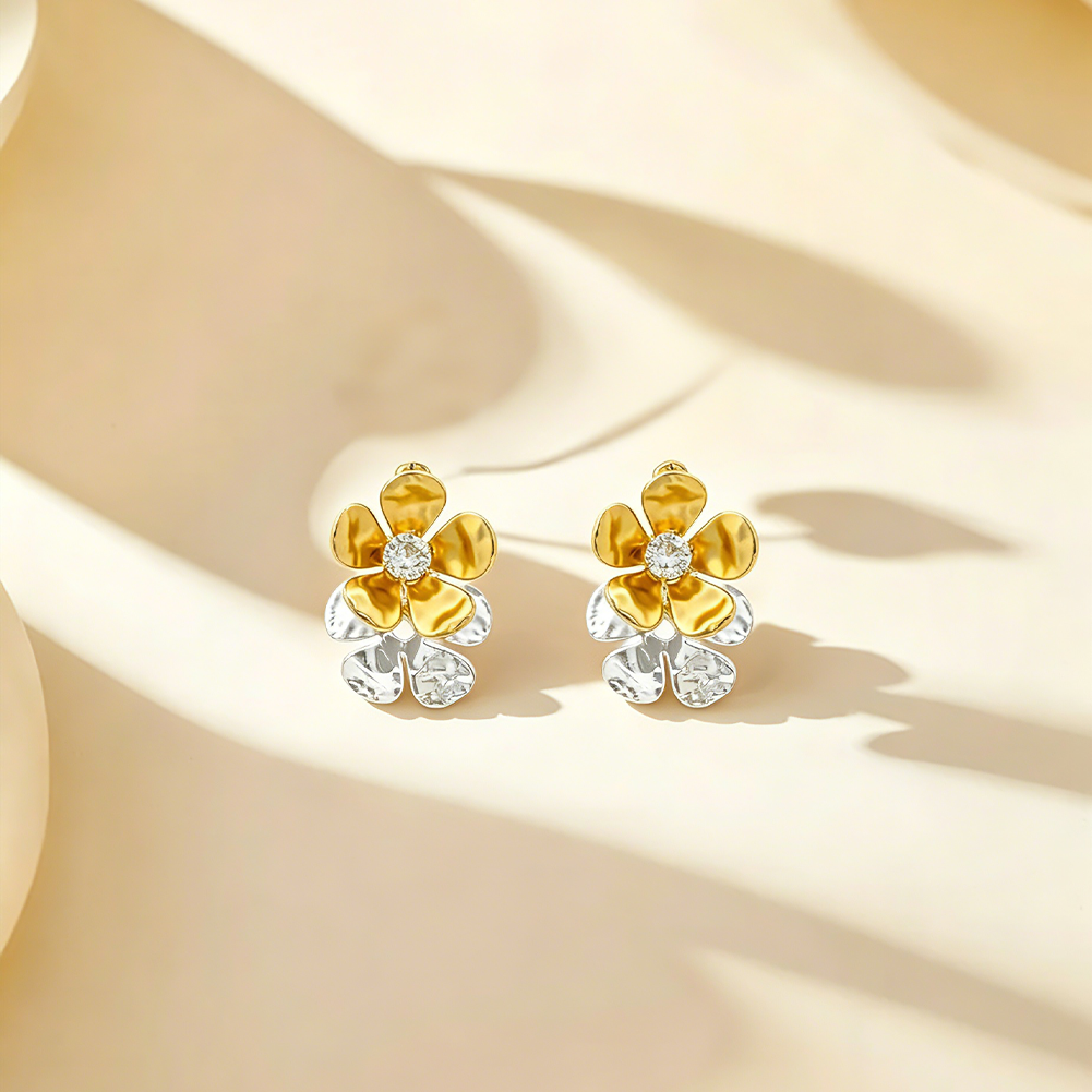 Gold and silver double-layered flower earrings