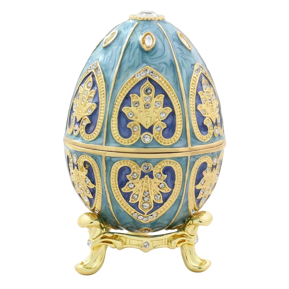 Luxury Handcrafted Enamel Egg Jewelry Box – Art Deco Style Blue-Green & Gold Organizer, Home Decor Display