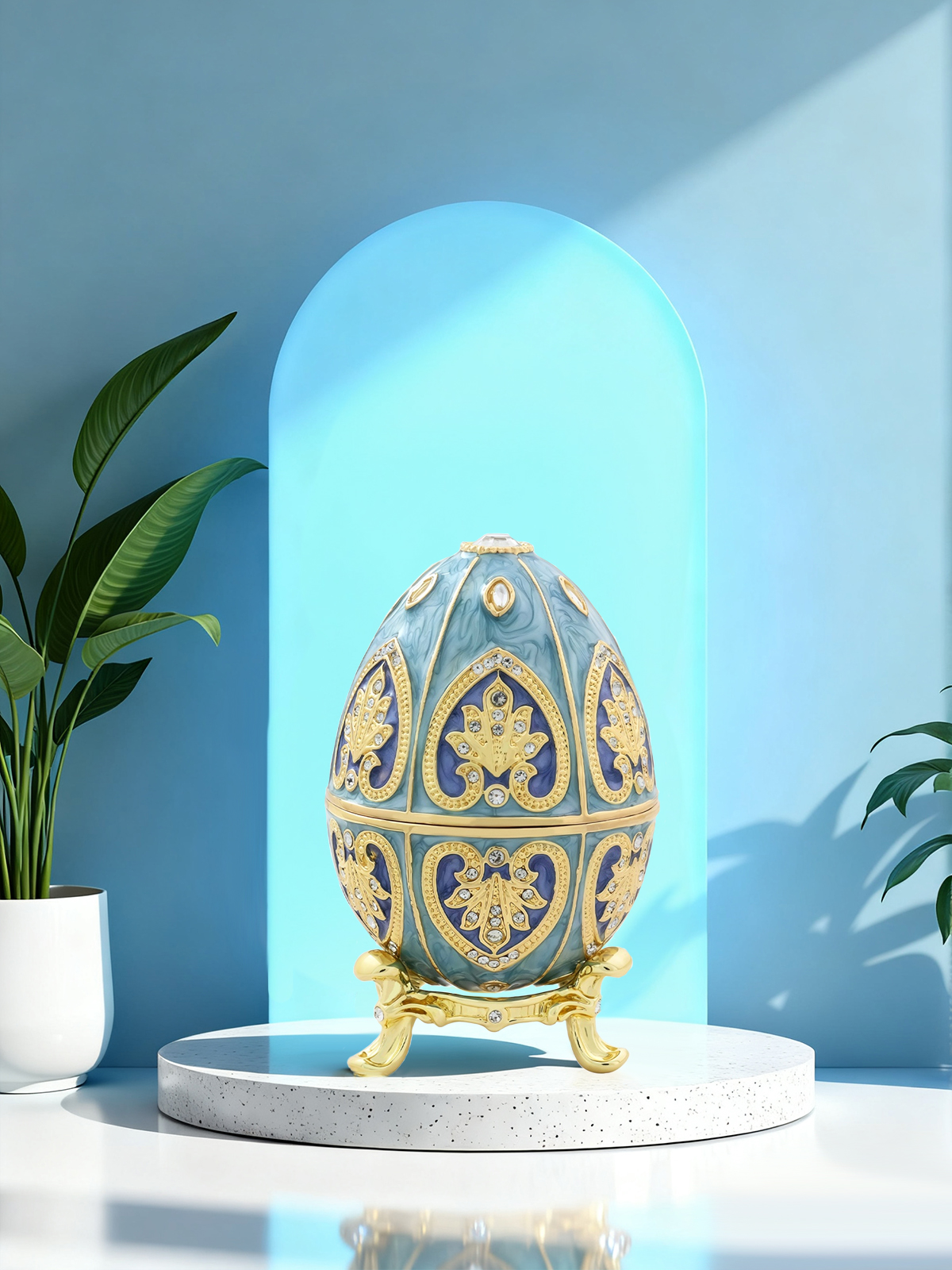 Luxury Handcrafted Enamel Egg Jewelry Box – Art Deco Style Blue-Green & Gold Organizer, Home Decor Display