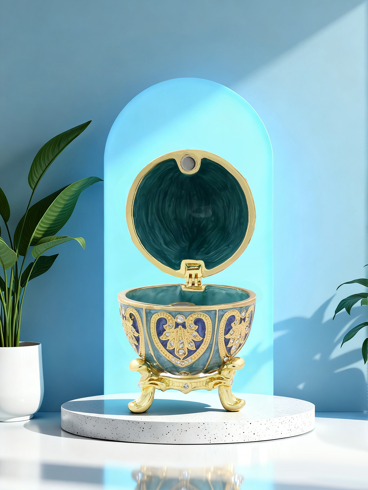 Luxury Handcrafted Enamel Egg Jewelry Box – Art Deco Style Blue-Green & Gold Organizer, Home Decor Display1