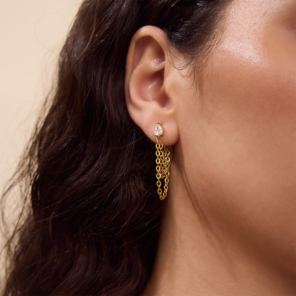 Model Wearing Drop Chain Earrings