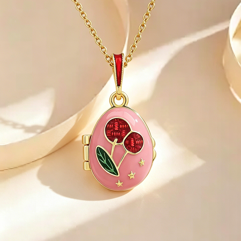 Pink Enamel Cherry Egg Pendant Necklace
