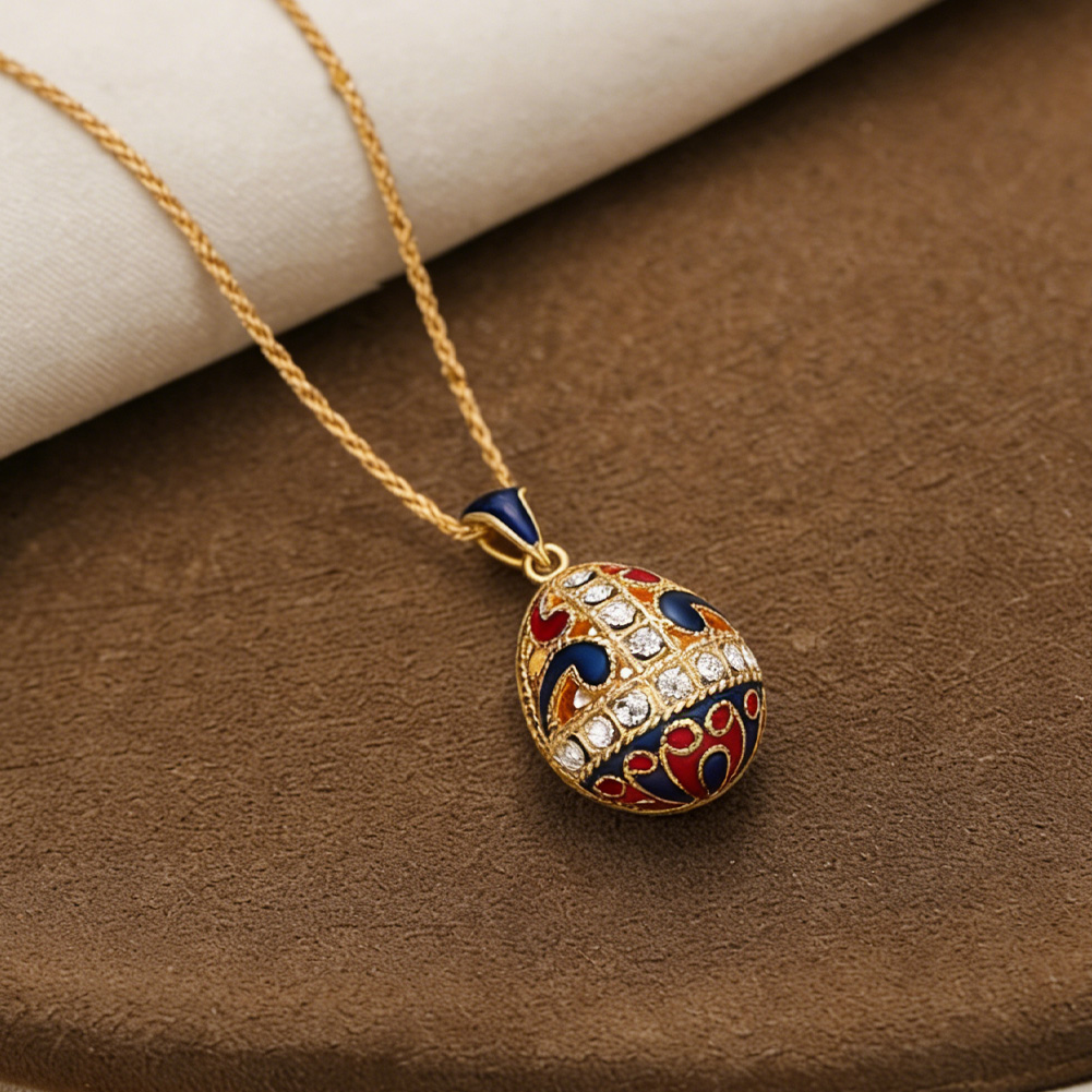 Red And Blue Color Enamel Diamond Studded Egg Necklace