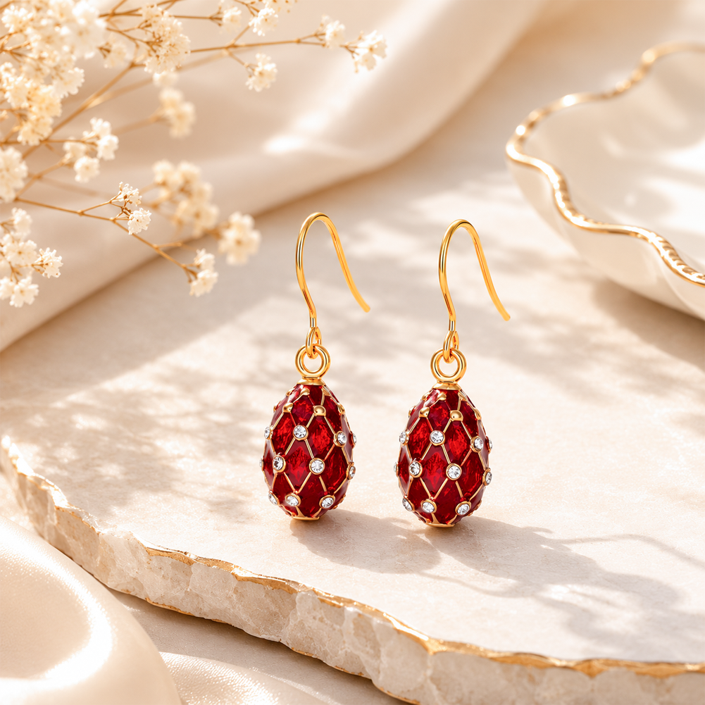 Red Diamond Patterned Diamond Studded Earrings