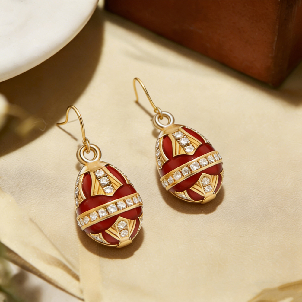 Red Enamel Diamond Encrusted Egg Earrings