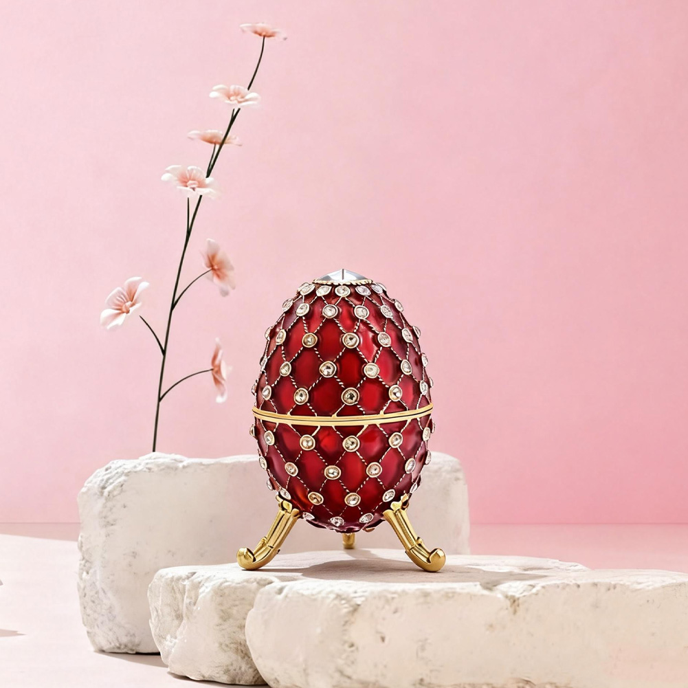 Red Grid Diamond Set Faberge Egg Jewelry Box