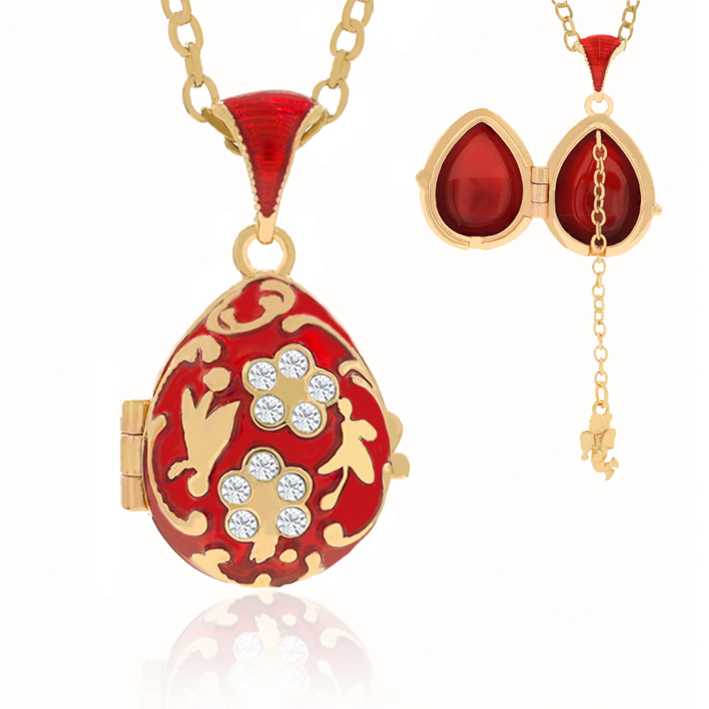 Red enamel necklace with diamond patterns