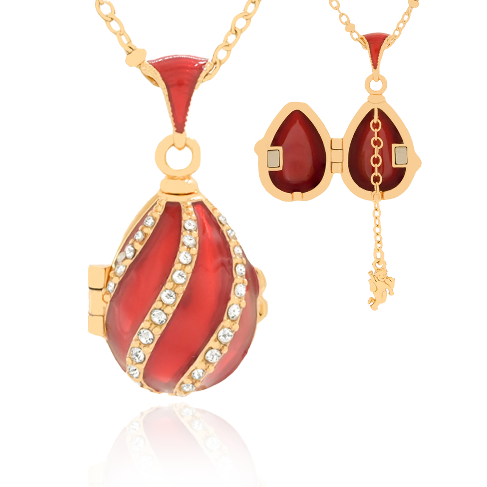 Red enamel necklace with diamond stripes