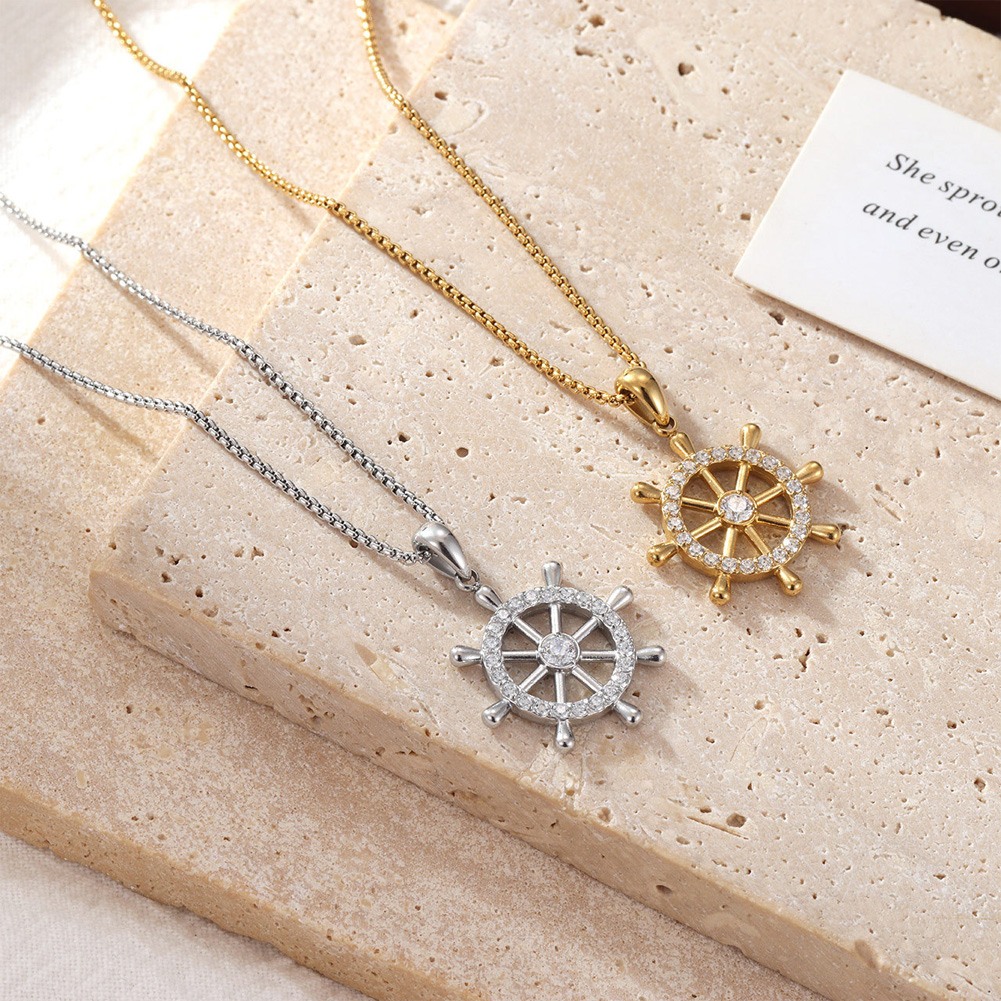 Stainless steel pendant with diamond in the steering wheel design