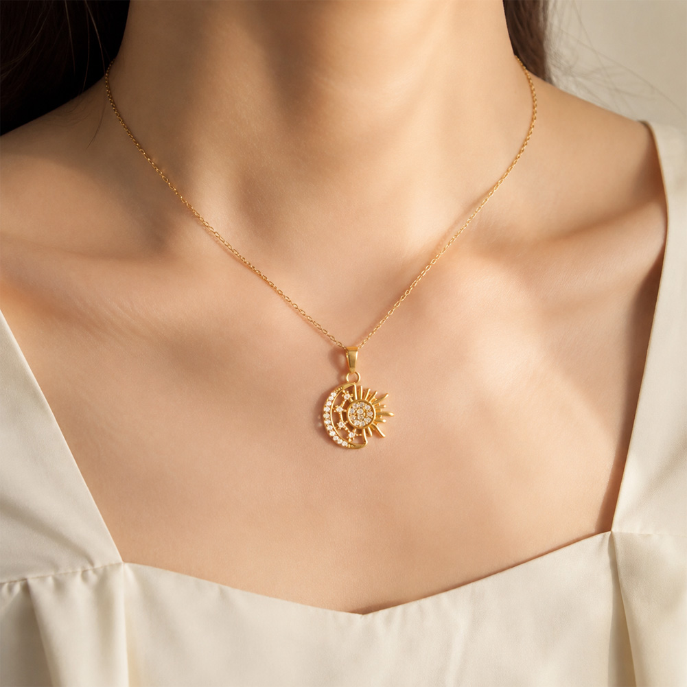 Sun and Moon Pendant Necklace Wearing Picture